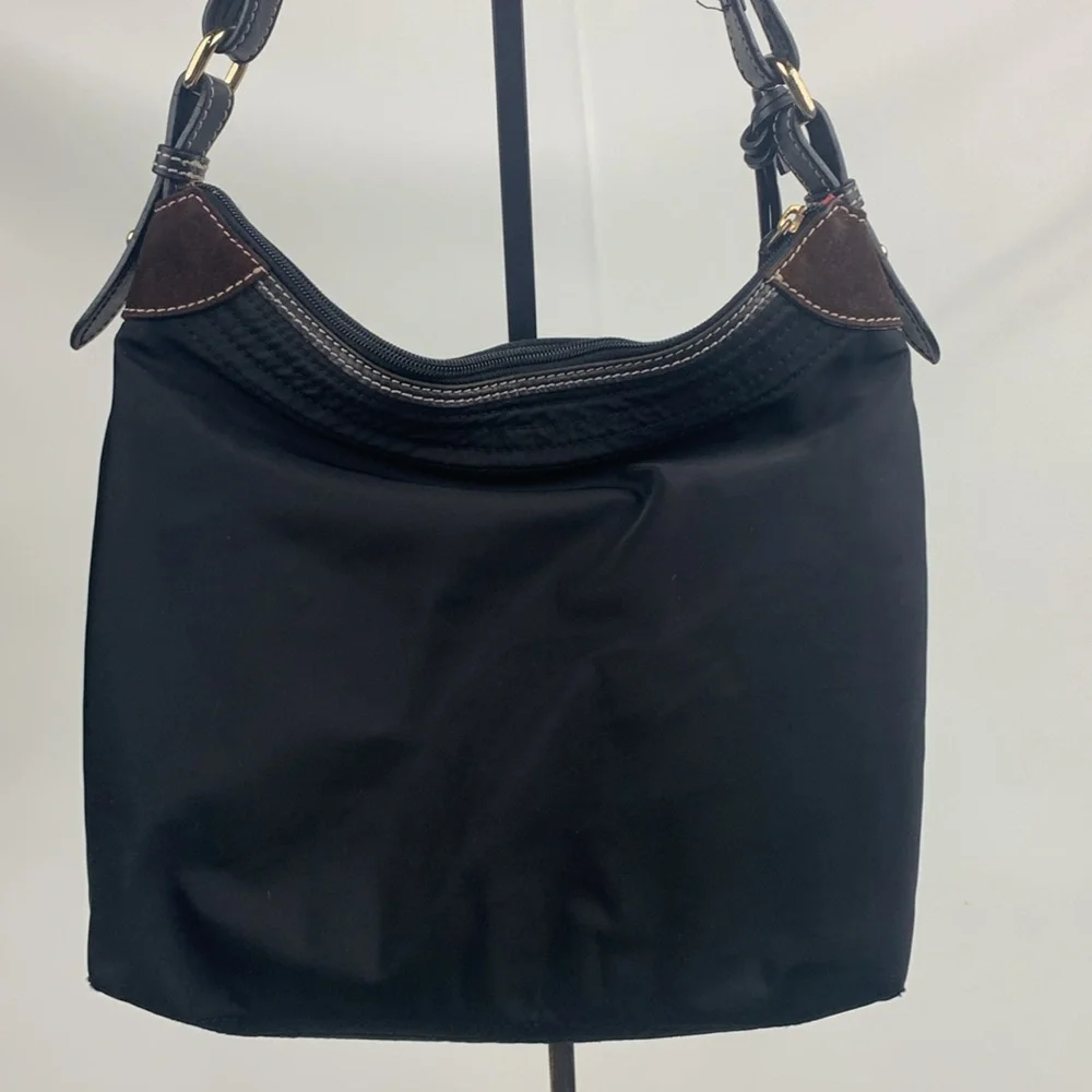 Dooney & Bourke Black leather Nylon Shoulder Bag Gold charm Pink lined Serial #